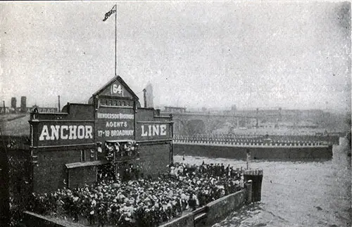 Pier 64 - New York Harbor - Anchor Line. Crowd Awaits Arrival of Ocean Liner.
