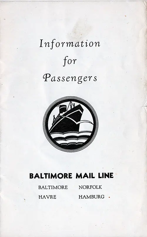 Front Cover, Baltimore Mail Line Information for Passengers. Published March 1932.