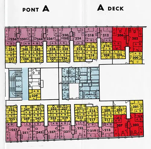 Ile de France "A" Deck Plan Showing Cabin Passenger Cabins.