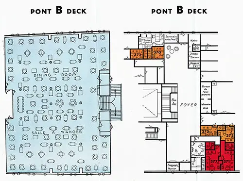 Ile de France "B" Deck Plan Showing Public Rooms, Offices, and Cabins.