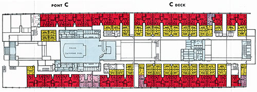 Ile de France "C" Deck Plan Showing Swimming Pool, Bar, and Cabin Passenger Staterooms.