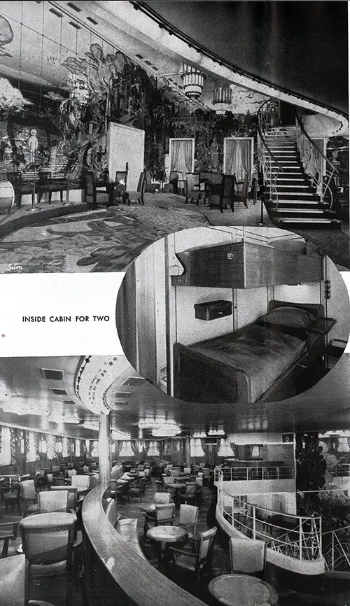 Ile de France Photo Collage. Top to Bottom: Salon; Inside Cabin for Two; and, Smoking Room.