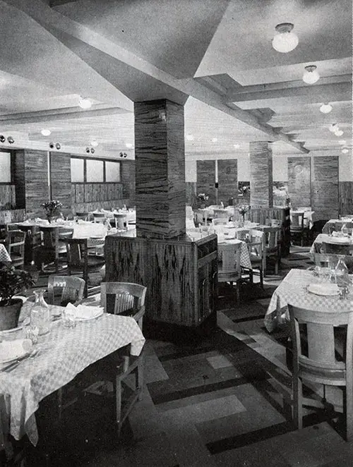 In the Champlain's Third Class Dining Room, as on All French Line Ships, Free Wine Adds Zest to Delicious Meals.