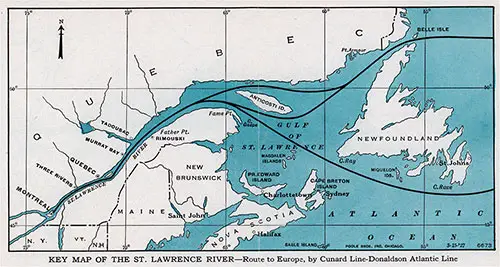 Key Map of the St. Lawrence River -- Route to Europe, bu Cunard Line-Donaldson Atlantic Line.