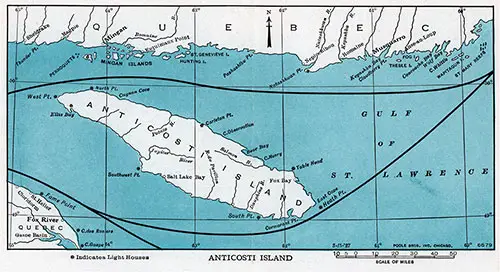 Map of Anticosti Island at the Gulf of St. Lawrence.
