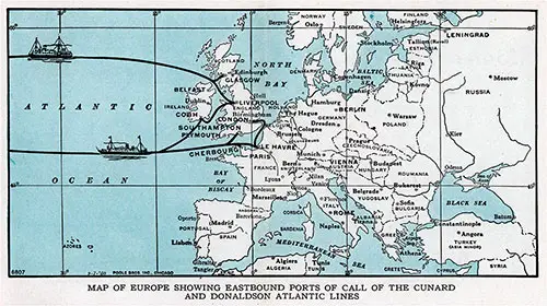 Map of Europe Showing Eastbound Ports of Call of the Cunard and Donaldson Atlantic Lines.