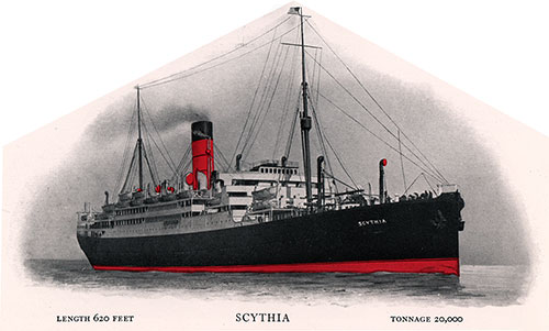 The RMS Scythia of the Cunard Line. Length: 620 Feet; Tonnage: 20,000.