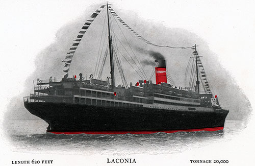 The RMS Laconia of the Cunard Line. Length: 620 Feet; Tonnage: 20,000.