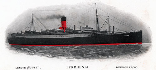 The Anchor Line RMS Tyrrhenia. Length: 580 Feet; Tonnage: 17,000. She was renamed in 1924 as the Lancastria.