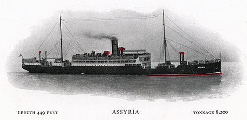 The RMS Assyria of the Cunard-Anchor Line. Length: 449 Feet; Tonnage: 8,000.