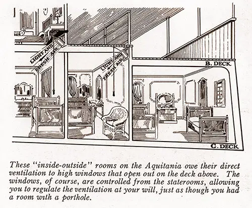 These "In Side-Out Side" Rooms on the Aquitania Owe Their Direct Ventilation to High Windows That Open Out on the Deck Above.