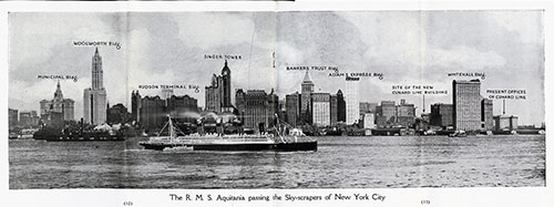 The RMS Aquitania Passing the Skyscrapers of New York City.