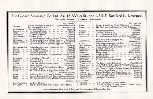 Offices and Agencies of the Cunard Line - 1913.