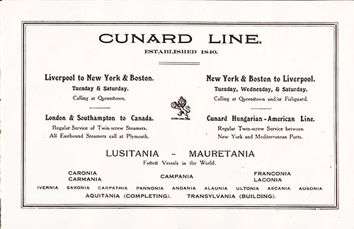 Cunard Line Services - 1913.