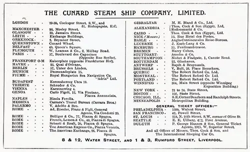 Cunard Line Agents and Agencies