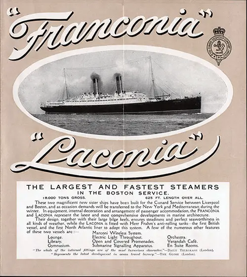 Front of Franconia and Laconia - The Largest and Fastest Steamers in the Boston Service Flyer from 1911