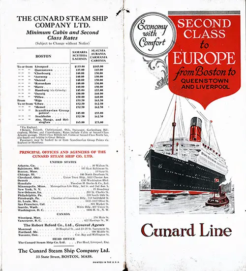 Front Cover, Second Class to Europe fromn Boston to Queenstown and Liverpool.
