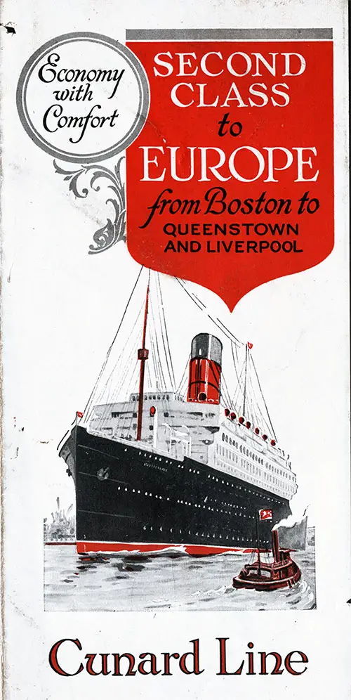 Front Cover, Second Class to Europe fromn Boston to Queenstown and Liverpool.