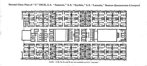Second Class Plan of "C" Deck, SS Samaria, SS Scythia, and SS Laconia in the Boston-Queenstown-Liverpool Route.