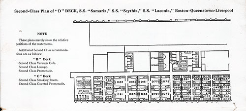Second Class Plan of "D" Deck for the SS Samaria, SS Scythia, and SS Laconia