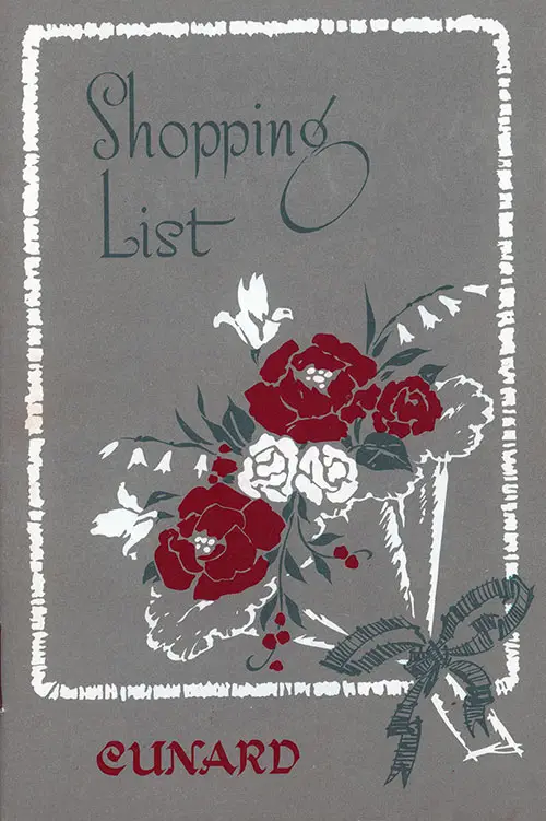 Front Cover Cunard Shopping List Brochure, c1938.