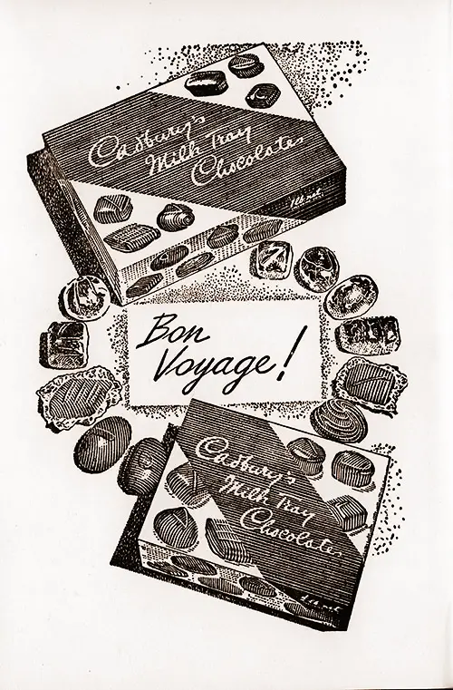 Advertisement for Cadbury's Milk Tray Chocolates, circa 1938. Bon Voyage!
