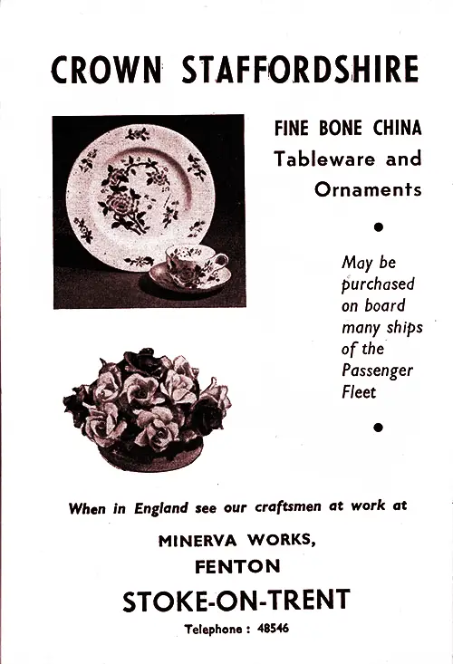 Advertisement for Crown Staffordshire Fine Bone China, Tableware, and Ornaments.