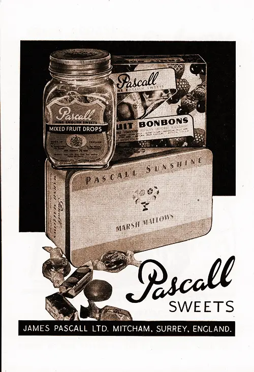 Advertisement for Pascall Sweets, James Pascall Ltd., Mitcham, Surrey, England, circa 1938.