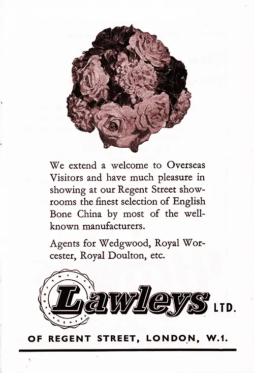 1938 Advertisement for Lawleys Ltd. of Regent Street, London, Agents for Wedgwood, Royal Worcester, Royal Doulton, Etc.