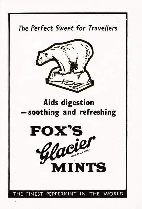 1938 Advertisement for Fox's Glacier® Mints - The Perfect Sweet for Travellers. Aids Digestion -- Soothing and Refreshing. The Finest Peppermint in the World.