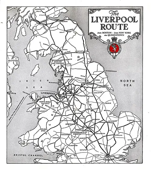 Cunard Map of the Liverpool Route from Boston