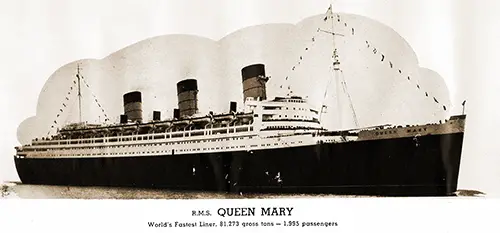 RMS Queen Mary -- The World's Faster Liner. 81,273 Gross Tons. 1,995 Passengers.