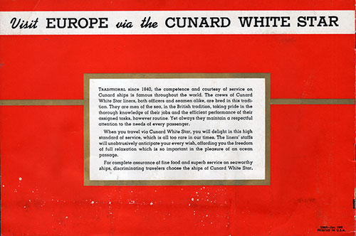 Back Cover of 1949 Brochure on Tourist Class Accommodations on Cunard White Star Ships.