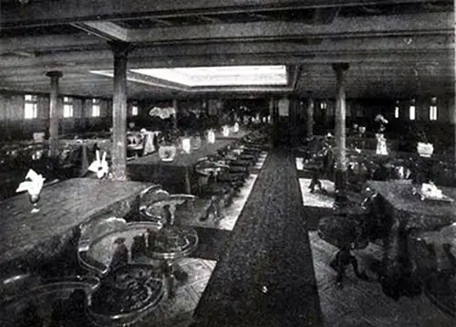 First Cabin Dining Saloon (Looking Aft), SS New England. Seating Accommodation for 160 Passengers.