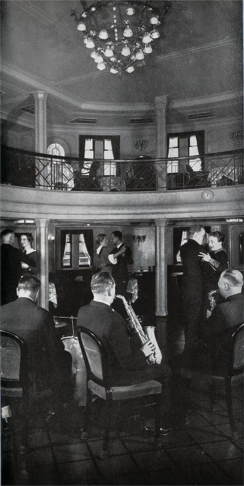 The Band Plays and Passengers Dance in the Tourist Class Social Hall on the SS New York.