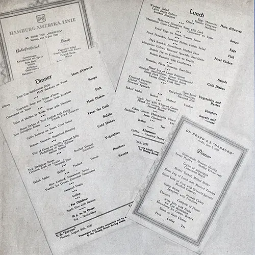 Facsimilies of Tourist Class Menus from the Ships of the Hamburg America Line and North German Lloyd.