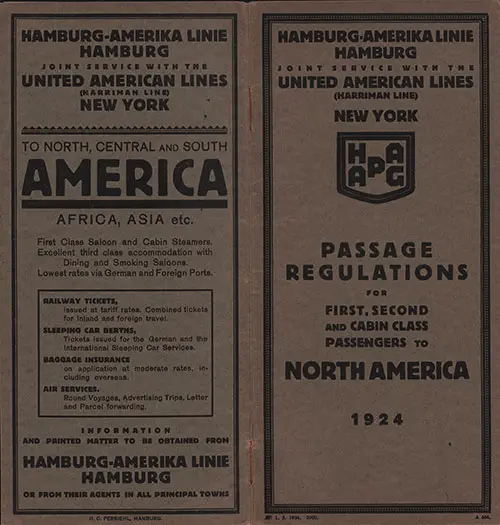 Cover, Passage Regulations for First, Second, and Cabin Class Passengers to North America, 1924.