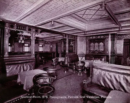 View of the Smoking Room On The Hamburg-American Line Steamers SS Pennsylvania, SS Patricia, SS Graf Waldersee, and SS Pretoria.