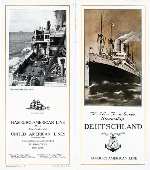 Brochure Cover, The New Twin Screw Steamship Deutschland of the Hamburg America Line.