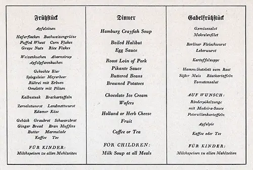 Typical Dinner Menu Selections on a Ship of the Hamburg America Line for Passengers in the Third Class.
