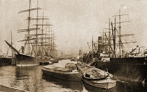 A Sailing Ship Harbor in Hamburg, Germany.