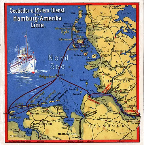 Karte der Seebäder und Riviera-Dienst der Hamburg-Amerika Linie.