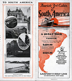 1927 Brochure Cover for Tourist Third Cabin to South America from Lamport & Holt Line.