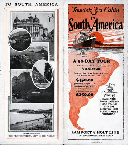 1927 Brochure Cover for Tourist Third Cabin to South America from Lamport & Holt Line.