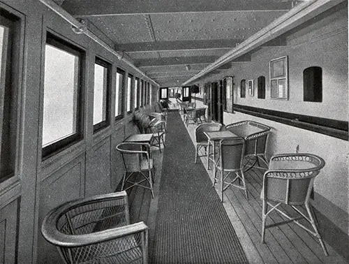 Cabin-Class Sheltered Promenade with Tables and Chairs Set Out for Passengers.