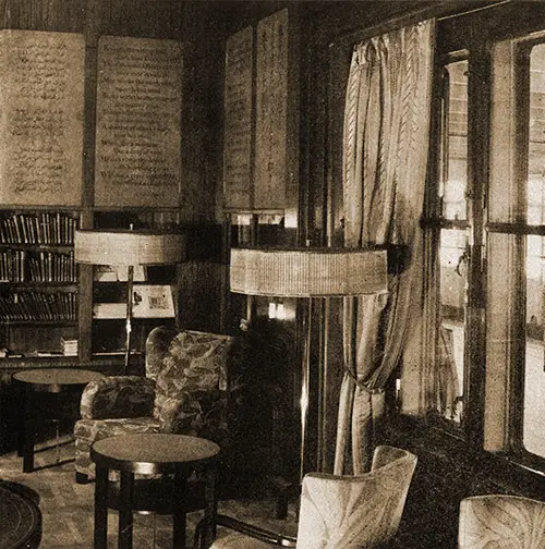 A Corner of the First Class Library on the SS Bremen.