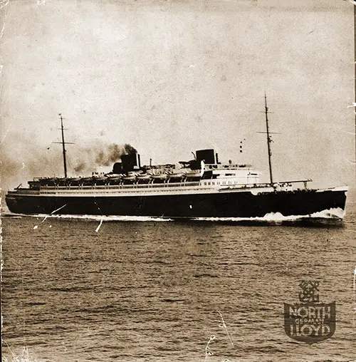 Back Cover of the SS Bremen Brochure from Nordeutscher Lloyd Bremen Showing the Ship at Sea. 