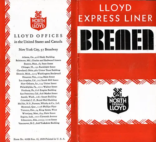Covers for theNorth German Lloyd Brochure on their Expres Liner Bremen dated 15 November 1929.