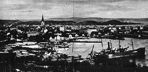 View of the Harbor at Kristiansand. Note the Ships Docked at the Pier in the Lower Right.