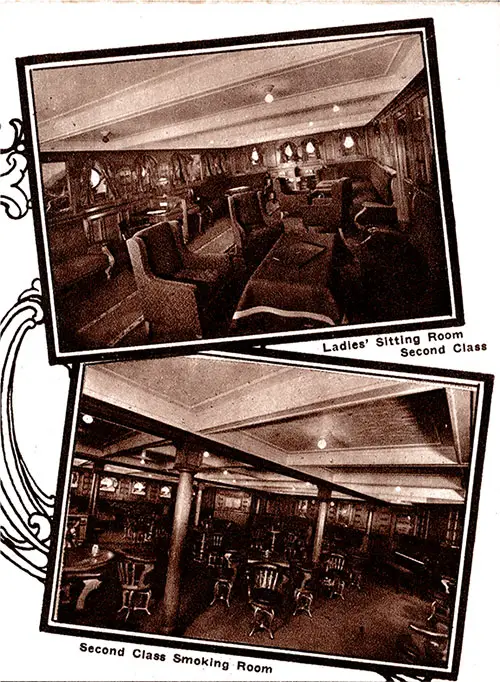 Top: Second Class Ladies' Sitting Room. Bottom: Second Class Smoking Room.